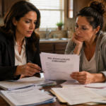 A focused scene at a kitchen table where a professionally dressed female real estate investor and a casual-clothed female single-parent homeowner are intently reviewing a stack of mortgage papers and a legal agreement. The lighting is warm and natural, emphasizing the textures of the printed documents and the determined, collaborative expressions on their faces as they discuss the details of the pre-foreclosure contract.