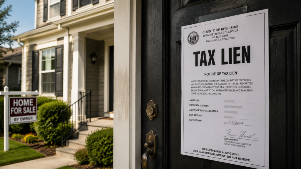 A suburban residential house featuring a prominent official government notice or legal document attached to the front door, displaying the words "Tax Lien" in bold, clear lettering. The scene emphasizes the addition of this formal paperwork to the property, maintaining the house's structure while introducing a serious and authoritative atmosphere through natural lighting and sharp textural details on the document.