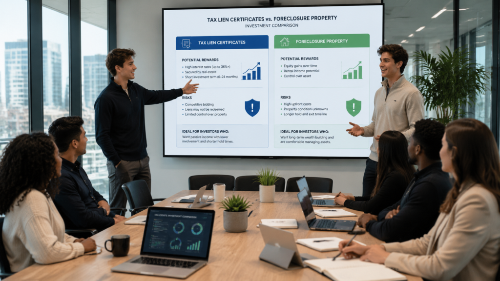 Two young professionals in their early 20s, dressed in modern smart-casual attire, lead a presentation in a contemporary glass-walled conference room. One investor gestures toward a large digital screen displaying a side-by-side comparison of tax lien certificates and foreclosure property data, while the other engages with a diverse team seated around a minimalist wooden table. The office environment is bright with natural light from floor-to-ceiling windows, featuring sleek laptops, tablets, and notebooks scattered among the team. Charts and financial infographics are visible on the screen, illustrating the risks and rewards of each investment strategy in a clean, professional layout.