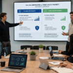 Two young professionals in their early 20s, dressed in modern smart-casual attire, lead a presentation in a contemporary glass-walled conference room. One investor gestures toward a large digital screen displaying a side-by-side comparison of tax lien certificates and foreclosure property data, while the other engages with a diverse team seated around a minimalist wooden table. The office environment is bright with natural light from floor-to-ceiling windows, featuring sleek laptops, tablets, and notebooks scattered among the team. Charts and financial infographics are visible on the screen, illustrating the risks and rewards of each investment strategy in a clean, professional layout.
