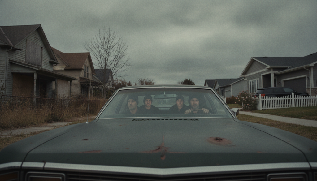 A group of suspicious individuals in a weathered, nondescript car slowly cruising through a quiet suburban street. The neighborhood shows some homes with signs of neglect, with several houses featuring boarded-up windows and overgrown lawns. Other homes are in pristine condition. The scene is captured with a gritty, cinematic atmosphere under heavy, overcast skies even though it is day time, emphasizing a sense of tension as the occupants scan the properties for signs of abandonment while avoiding attracting attention from the neighbors.