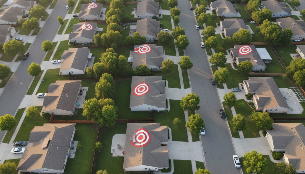 A high-angle aerial view looking down onto a quiet residential subdivision with rows of detached houses and green lawns. A few specific homes, randomly distributed across the blocks, have large, graphic red bullseye targets superimposed on their roofs, standing out against the surrounding neighborhood. The scene captures the organized layout of the suburbs with these prominent red markers highlighting specific properties from a bird's-eye perspective.