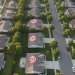 A high-angle aerial view looking down onto a quiet residential subdivision with rows of detached houses and green lawns. A few specific homes, randomly distributed across the blocks, have large, graphic red bullseye targets superimposed on their roofs, standing out against the surrounding neighborhood. The scene captures the organized layout of the suburbs with these prominent red markers highlighting specific properties from a bird's-eye perspective.