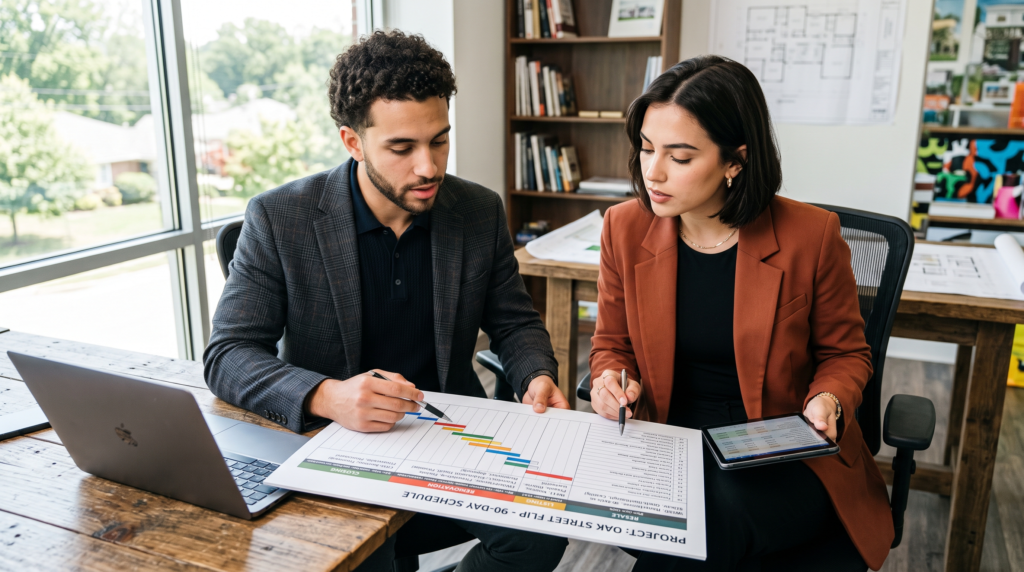 A Gen Z male and female real estate duo in modern professional attire, intently reviewing a 90-day foreclosure flip schedule. The document displays distinct phases for closing, renovation, listing, and resale. Bright, natural lighting illuminates their focused expressions and the textures of their clothing, maintaining the original composition while refining the specific details of the project timeline and their youthful appearance.