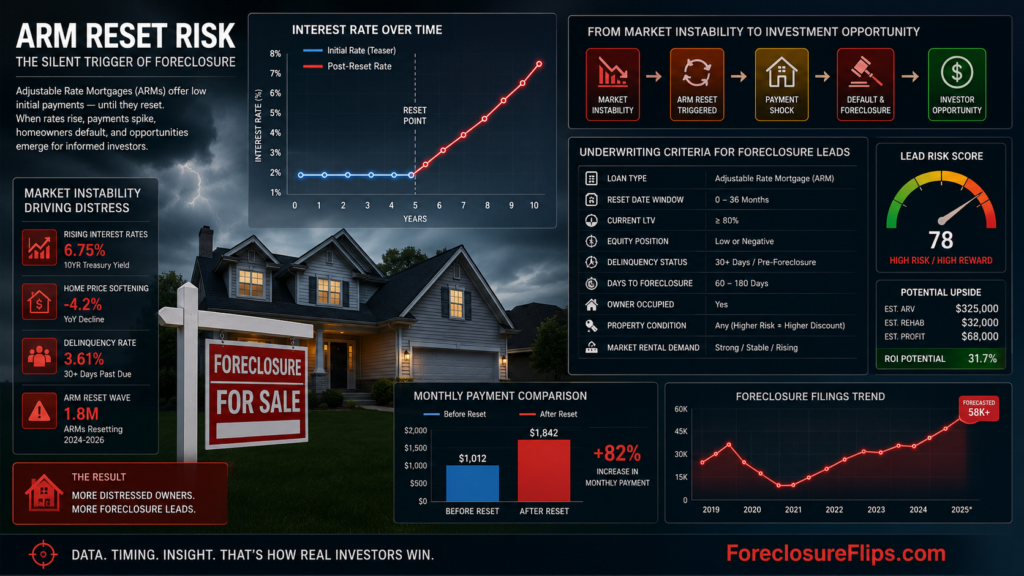 An analytical visualization of mortgage distress caused by ARM resets, featuring rising interest rate curves juxtaposed with residential property elements. Incorporate digital interfaces with data points, financial risk metrics, and underwriting criteria for evaluating foreclosure leads. The scene emphasizes the transition from market instability to investment analysis through clear charts, statistical overlays, and a focused, data-driven perspective. At the bottom of one of the charts is the URL ForeclosureFlips.com