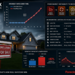 An analytical visualization of mortgage distress caused by ARM resets, featuring rising interest rate curves juxtaposed with residential property elements. Incorporate digital interfaces with data points, financial risk metrics, and underwriting criteria for evaluating foreclosure leads. The scene emphasizes the transition from market instability to investment analysis through clear charts, statistical overlays, and a focused, data-driven perspective. At the bottom of one of the charts is the URL ForeclosureFlips.com