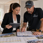 A professional female real estate investor and a general contractor in work attire stand together inside a bright, partially renovated house. They are huddled over a kitchen island covered with printed spreadsheets of repair estimates and photographs of comparable property sales. The investor holds a digital tablet displaying financial data, while the contractor points to specific figures on a clipboard. The background shows a clean interior with fresh paint and some construction tools, illuminated by natural light streaming through large windows, capturing their focused collaboration on calculating the property's after-repair value. On the contractor's shirt is the logo ForeclosureFlips.com