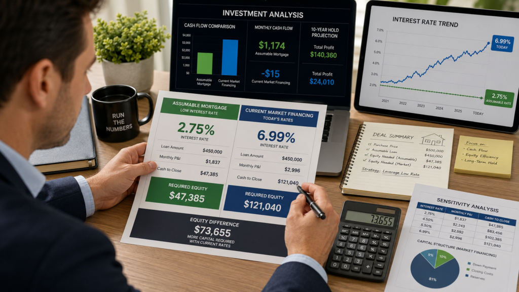 A professional real estate investor focused on a comparative analysis of financial data, featuring clear visual elements that contrast an assumable low-interest mortgage against current market financing costs. The scene emphasizes the strategic evaluation of required equity through legible charts, graphs, and digital displays of interest rate percentages. The lighting is bright, focused and analytical, highlighting the documents and screens to reflect a detailed financial decision-making process.