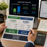 A professional real estate investor focused on a comparative analysis of financial data, featuring clear visual elements that contrast an assumable low-interest mortgage against current market financing costs. The scene emphasizes the strategic evaluation of required equity through legible charts, graphs, and digital displays of interest rate percentages. The lighting is bright, focused and analytical, highlighting the documents and screens to reflect a detailed financial decision-making process.