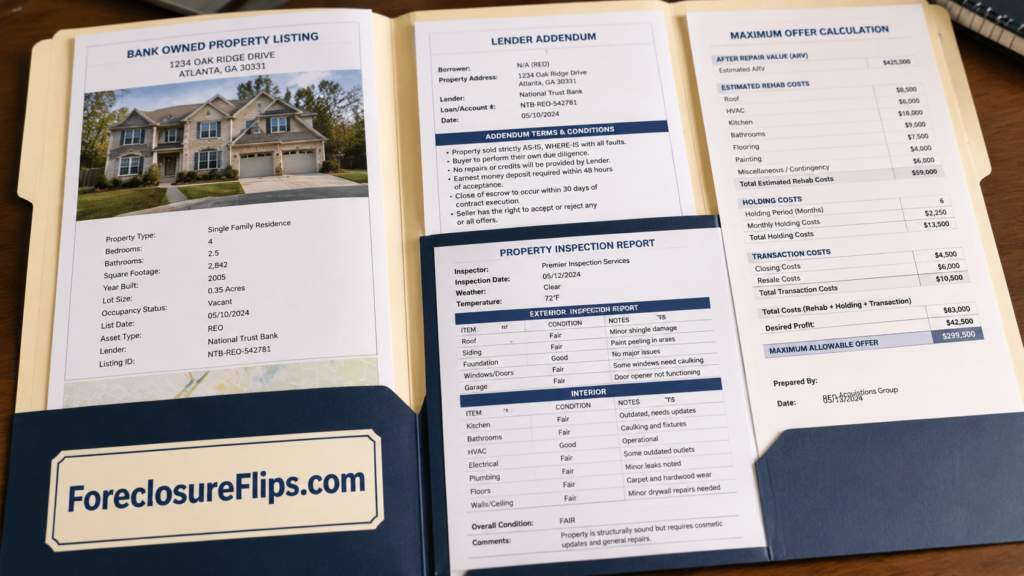 A professional REO investment file folder opened to display a bank-owned property listing, a formal lender addendum, a structured inspection report, and a clear maximum-offer calculation sheet.