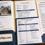 A professional REO investment file folder opened to display a bank-owned property listing, a formal lender addendum, a structured inspection report, and a clear maximum-offer calculation sheet.