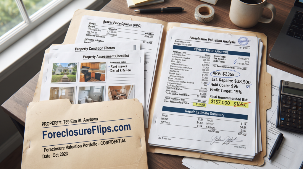 A professional foreclosure valuation folder containing an assortment of documents including broker comps, property condition photos, repair estimates, and a revised price analysis with handwritten annotations.