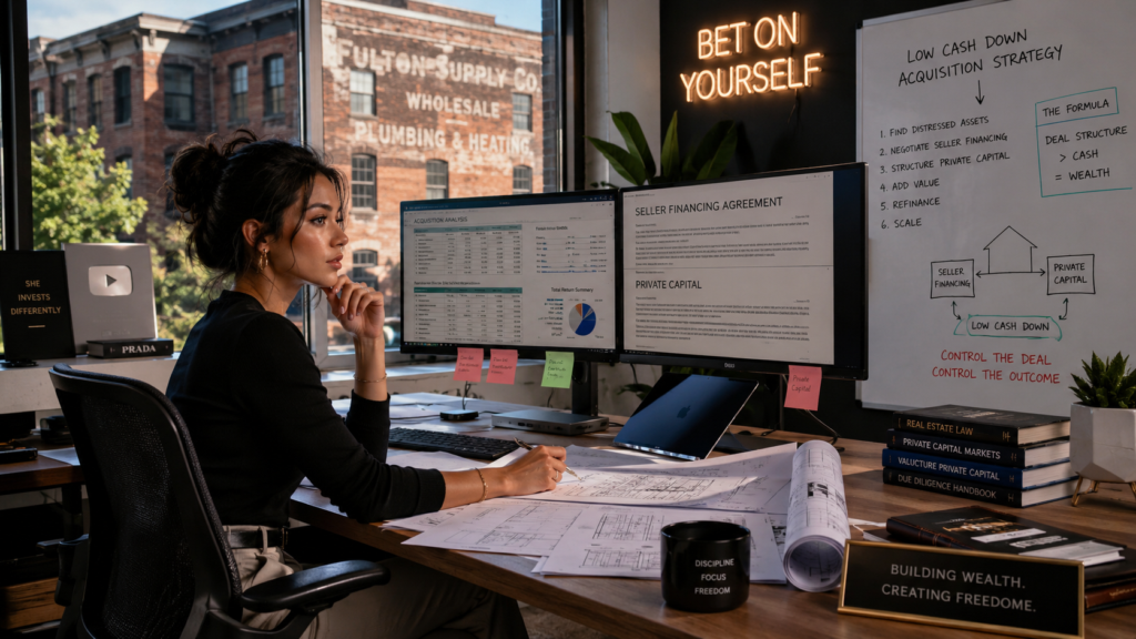 A confident Gen Z woman in modern business-casual attire, sitting in a contemporary workspace with a view of a weathered, distressed brick building through the window. She is focused on a dual-monitor setup displaying complex financial spreadsheets, real estate contracts clearly labeled with terms like "Seller Financing Agreement" and "Private Capital," and a digital whiteboard outlining a low-cash-down acquisition strategy. The room is filled with professional markers of success, such as high-end technology and minimalist decor, while physical blueprints and legal documents are spread across her desk. Natural daylight illuminates the scene, highlighting her determined expression as she analyzes the investment logistics of the property.