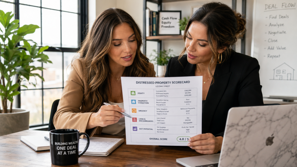 Two professional millennial women real estate investors collaborating over a detailed distressed property scorecard. They are focused on analyzing specific metrics such as equity, property condition, urgency, liens, and exit potential displayed on the document. The scene emphasizes their confident expressions and a strategic atmosphere, with bright natural lighting highlighting the textures of the scorecard and their modern professional attire, while maintaining the original composition and focus on their partnership.