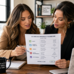 Two professional millennial women real estate investors collaborating over a detailed distressed property scorecard. They are focused on analyzing specific metrics such as equity, property condition, urgency, liens, and exit potential displayed on the document. The scene emphasizes their confident expressions and a strategic atmosphere, with bright natural lighting highlighting the textures of the scorecard and their modern professional attire, while maintaining the original composition and focus on their partnership.