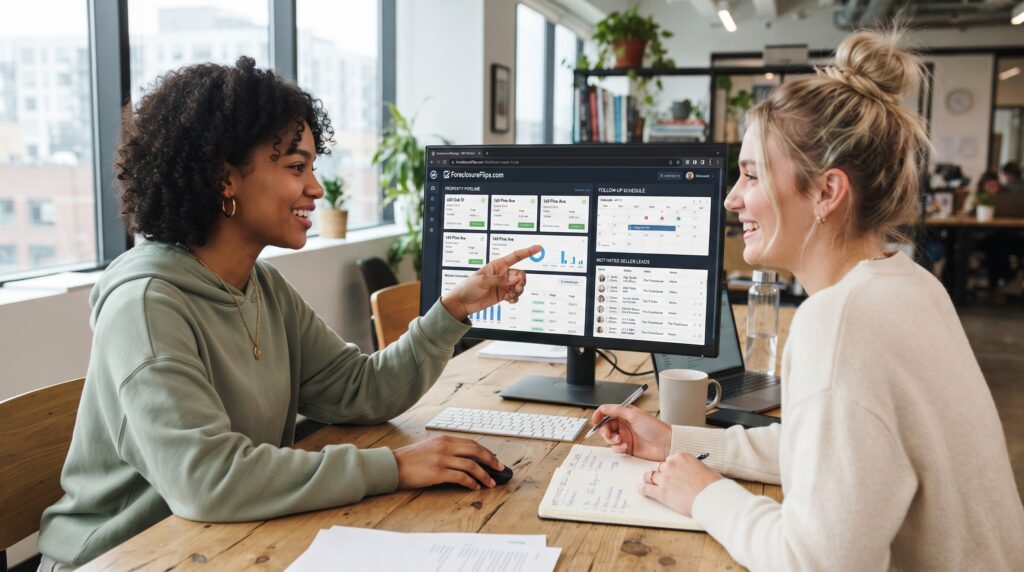 Two young female Gen Z real estate investors working together in a modern workspace, focused on a digital tracking system displayed on their screens that organizes property records, follow-up schedules, and lists of motivated seller leads through a clean, data-driven dashboard. On the dashboard we can see the URL ForeclosureFlips.com