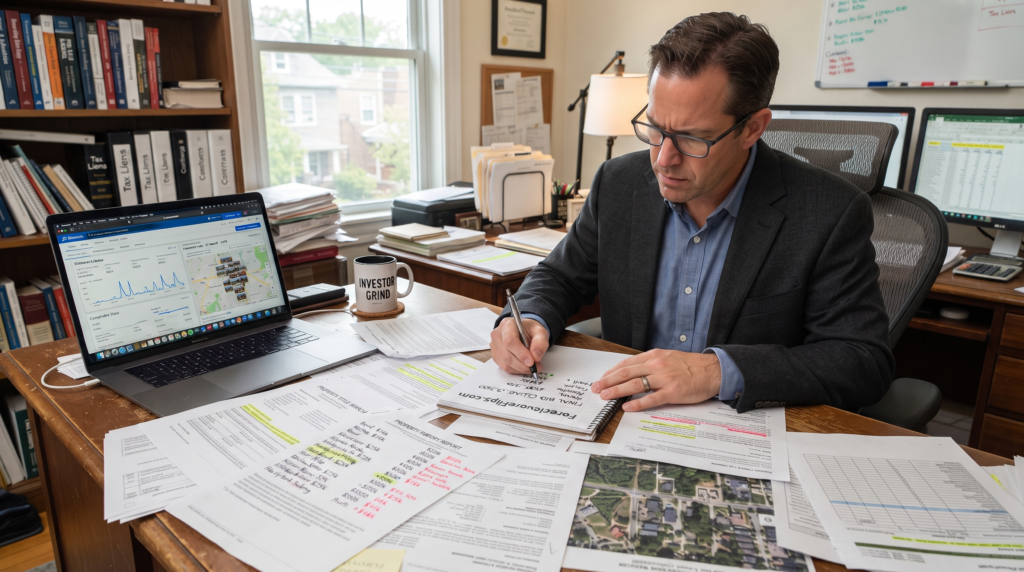 A professional investor at a wooden desk, intensely analyzing a stack of title records and itemized repair estimates.