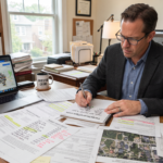 A professional investor at a wooden desk, intensely analyzing a stack of title records and itemized repair estimates.