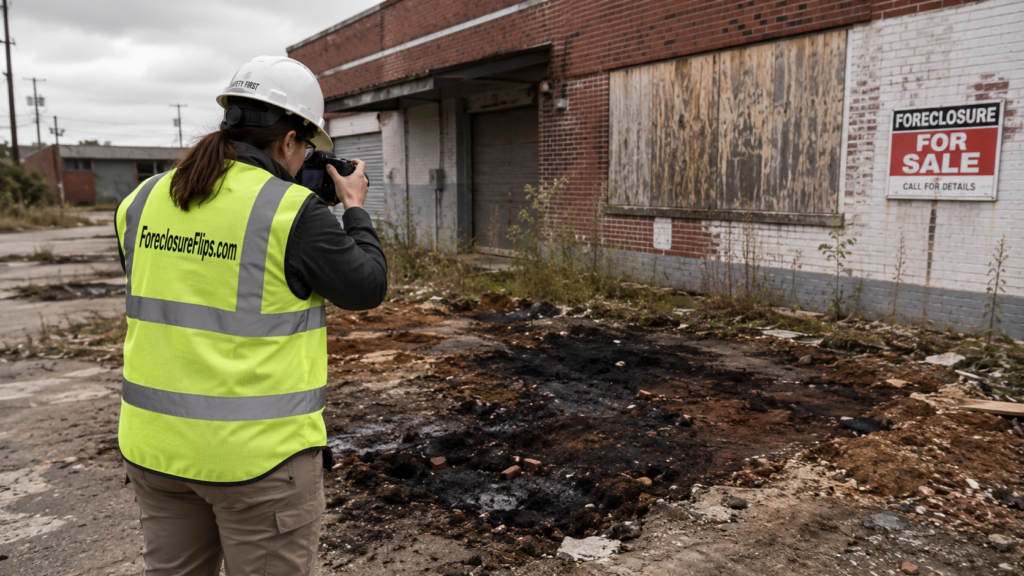 Environmental consultant photographing stained soil behind a foreclosed commercial property