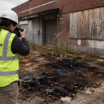 Environmental consultant photographing stained soil behind a foreclosed commercial property