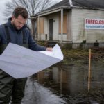 Investor examining a property survey beside a low-priced foreclosure with visible drainage and boundary concerns