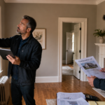 A focused appraiser examines structural cracks and peeling wallpaper in a slightly rundown interior, holding a digital tablet to record the moderate damage. Nearby, an investor reviews financial documents and property data, standing amidst worn floorboards and exposed lath. One of the documents has the heading ForeclosureFlips.com The room is filled with a somber atmosphere, highlighted by soft, diffused light that emphasizes the textures of debris and distressed surfaces.