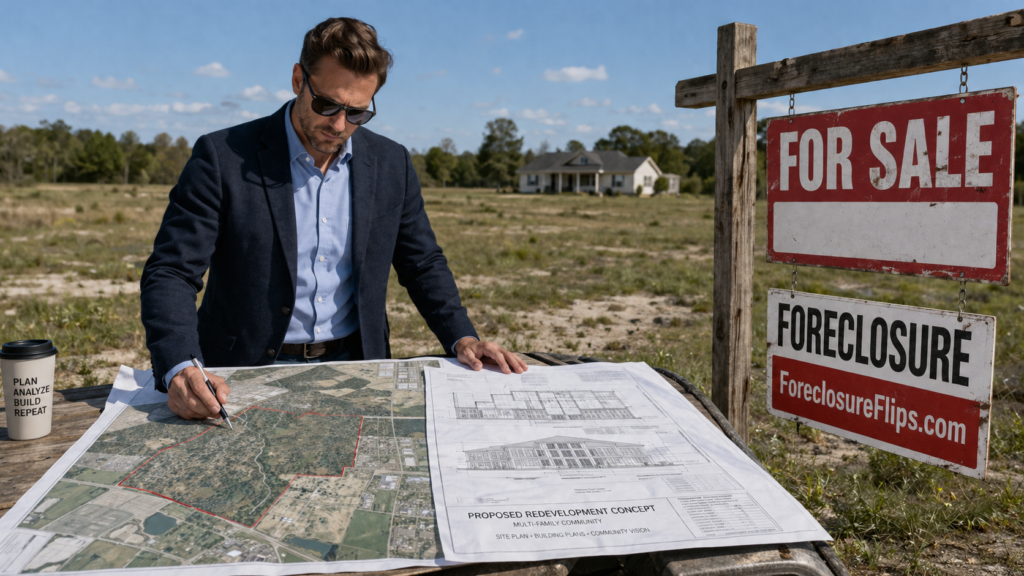 Investor comparing redevelopment plans with a boarded foreclosure property in the background