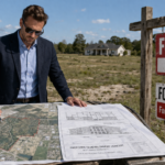 Investor comparing redevelopment plans with a boarded foreclosure property in the background