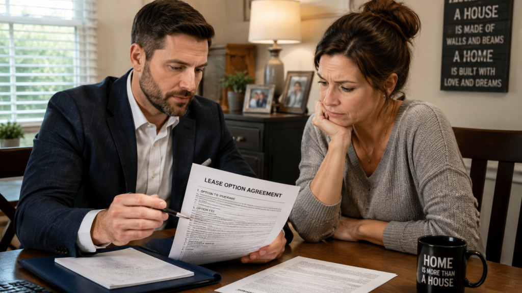 A professional investor and a concerned homeowner sitting together at a table, focused on a legal lease option agreement. The scene emphasizes a serious and empathetic atmosphere, with natural indoor lighting highlighting the details of the documents and the nuanced facial expressions, capturing the investor's supportive demeanor and the homeowner's anxious yet hopeful look. The domestic setting remains consistent, with clear textures on the paper and clothing.