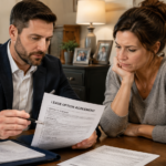 A professional investor and a concerned homeowner sitting together at a table, focused on a legal lease option agreement. The scene emphasizes a serious and empathetic atmosphere, with natural indoor lighting highlighting the details of the documents and the nuanced facial expressions, capturing the investor's supportive demeanor and the homeowner's anxious yet hopeful look. The domestic setting remains consistent, with clear textures on the paper and clothing.