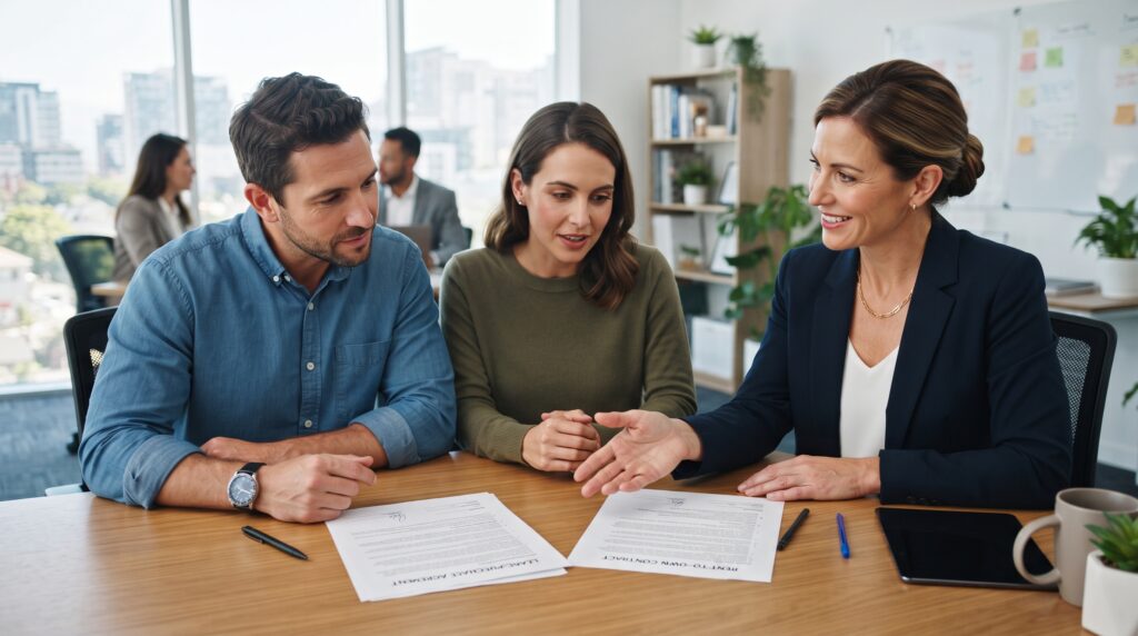 A professional female real estate investor presenting two different contractual agreements to a husband and wife in a bright, modern office setting. The investor is gesturing toward the documents on a table, explaining the nuances between lease-purchase and rent-to-own options. The scene emphasizes a collaborative atmosphere with natural lighting, focused expressions, and crisp details on the paperwork and professional attire.