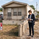A professional real estate investor in smart-casual attire inspecting a manufactured home within a mobile home park. A clear 'Foreclosure Sale' sign stands in the front yard. The investor holds a clipboard with documents, attentively examining the home's foundation and exterior condition. The lighting is bright and natural, emphasizing the textures of the building and the focused atmosphere of a property evaluation.