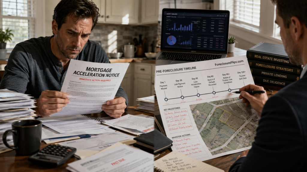 A concerned homeowner sits at a kitchen table, focused intently on a formal "Mortgage Acceleration Notice" letter held in their hands. In a separate, professional workspace, a real estate investor studies a property map and a detailed chronological chart, using a pen to plot specific dates and milestones along a pre-foreclosure timeline. On the chart is the URL ForeclosureFlips.com The scene features a mix of personal domestic stress and clinical financial planning, with stacks of documents, a laptop displaying market data, and natural light casting soft shadows across the paperwork.