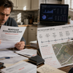 A concerned homeowner sits at a kitchen table, focused intently on a formal "Mortgage Acceleration Notice" letter held in their hands. In a separate, professional workspace, a real estate investor studies a property map and a detailed chronological chart, using a pen to plot specific dates and milestones along a pre-foreclosure timeline. On the chart is the URL ForeclosureFlips.com The scene features a mix of personal domestic stress and clinical financial planning, with stacks of documents, a laptop displaying market data, and natural light casting soft shadows across the paperwork.