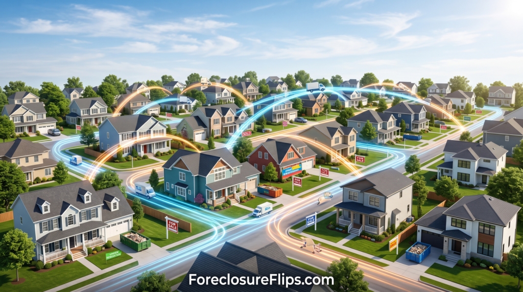 Conceptual visualization illustrating the flow of residential real estate, where houses are linked by glowing pathways to represent mortgage portability and increased seller mobility. The scene shows a dense and varied housing inventory with vibrant, well-maintained neighborhoods, replacing any signs of property distress with signs of active renovation and market vitality. The lighting is bright and clear, emphasizing a fluid and dynamic housing market. Include the URL ForeclosureFlips.com at the bottom of the image.