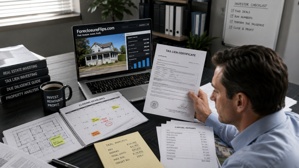 A focused real estate investor intensely reviewing a spread of legal documents, including tax lien certificates, a calendar with highlighted closing deadlines, and itemized lists for capital repairs. The scene features a professional workspace with a laptop displaying financial data and property photographs, emphasizing crisp details on the paperwork, architectural plans, and a serious, analytical atmosphere. On the laptop we can see the URL ForeclosureFlips.com