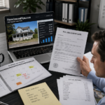 A focused real estate investor intensely reviewing a spread of legal documents, including tax lien certificates, a calendar with highlighted closing deadlines, and itemized lists for capital repairs. The scene features a professional workspace with a laptop displaying financial data and property photographs, emphasizing crisp details on the paperwork, architectural plans, and a serious, analytical atmosphere. On the laptop we can see the URL ForeclosureFlips.com