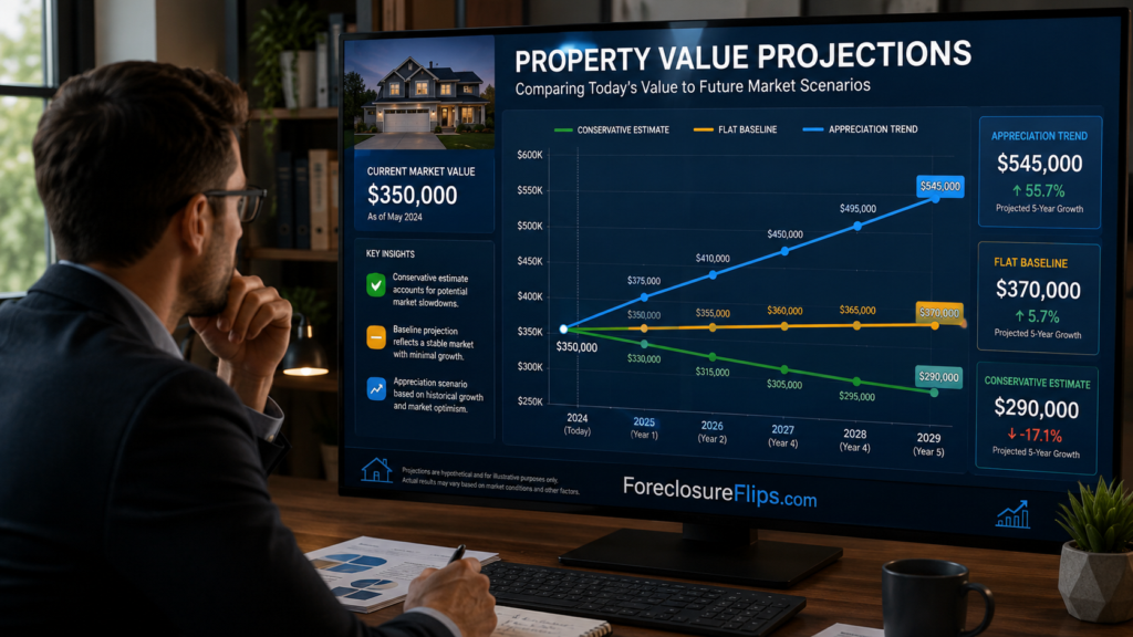 A professional investor analyzing a detailed data visualization that compares a property's current market value with three distinct future projections: a conservative estimate, a flat baseline, and an upward appreciation trend. The scene emphasizes clear, distinguishable line graphs or comparative charts integrated into the environment, highlighting the contrast between the cautious, stagnant, and growth-oriented market scenarios. At the bottom of the data visualization is the URL ForeclosureFlips.com