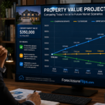 A professional investor analyzing a detailed data visualization that compares a property's current market value with three distinct future projections: a conservative estimate, a flat baseline, and an upward appreciation trend. The scene emphasizes clear, distinguishable line graphs or comparative charts integrated into the environment, highlighting the contrast between the cautious, stagnant, and growth-oriented market scenarios. At the bottom of the data visualization is the URL ForeclosureFlips.com