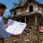 Real estate investor reviewing demolition estimates and replacement building plans at a damaged foreclosure
