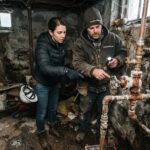 A female real estate investor in practical, professional attire and a male handyman in rugged workwear with the logo ForeclosureFlips.com inspect exposed copper plumbing and rusted utility shutoff valves in a basement. The setting is a cold, winterized foreclosure with visible water damage stains on the walls and frost clinging to the metal fixtures. Dusty, cool light filters through small, grimy windows, emphasizing the gritty textures of the derelict interior, damp surfaces, and scattered debris on the floor.
