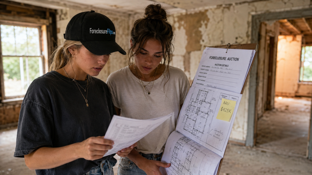 Photorealistic scene of two Gen Z women acting as real estate investors inside a vacant, dusty foreclosure.