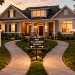 A renovated house featuring two distinct, branching pathways in the foreground. One path is clearly marked for resale with a professional "For Sale" sign, while the other path is designated for rental use with a "For Lease" sign.