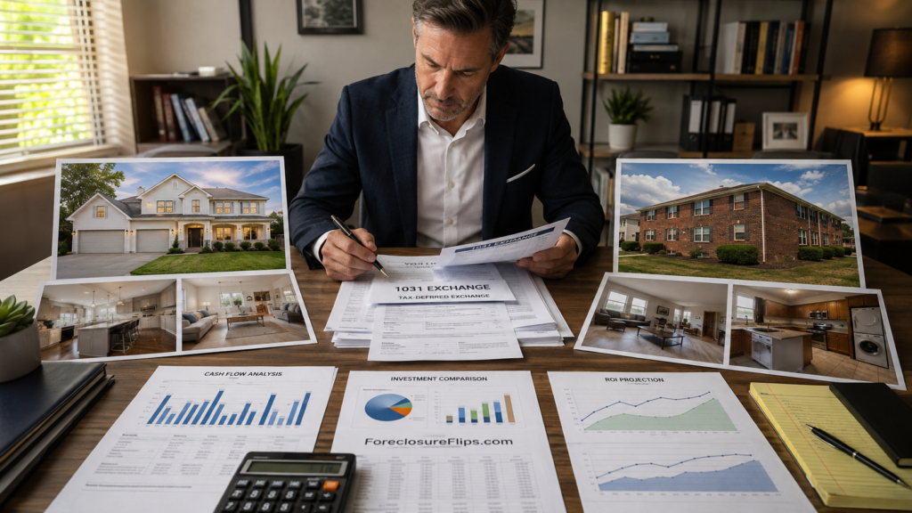 A professional real estate investor sits at an organized wooden desk, carefully comparing different investment strategies.
