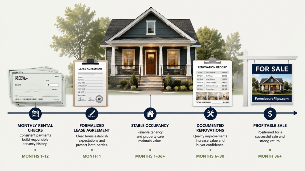 Property ownership timeline showing rental, renovation, and sale activity relevant to a 1031 exchange holding period.
