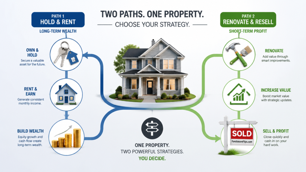 1031 replacement property shown between long-term investment and immediate flip exit strategies.
