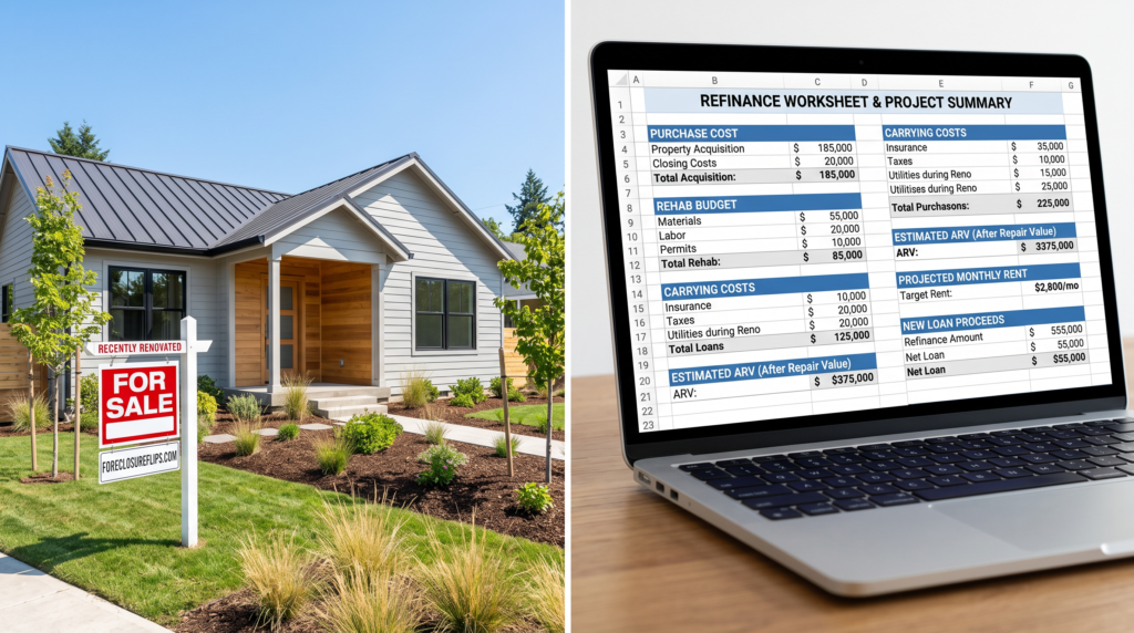A modern, professionally renovated residential property positioned alongside a clear financial refinance worksheet.