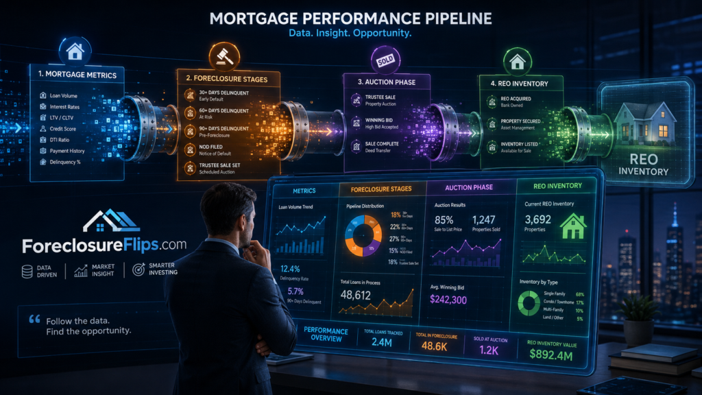 A professional editorial illustration of a financial data pipeline representing mortgage performance.