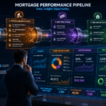 A professional editorial illustration of a financial data pipeline representing mortgage performance.
