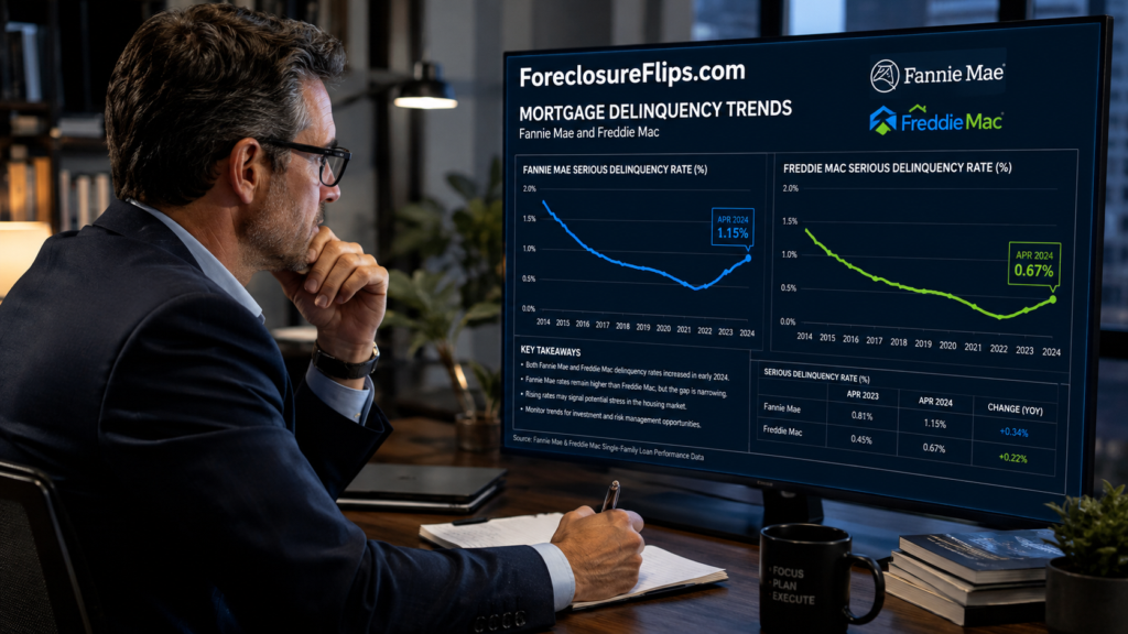 A professional investor in business attire closely analyzing detailed line charts showing mortgage delinquency trends on a digital display.